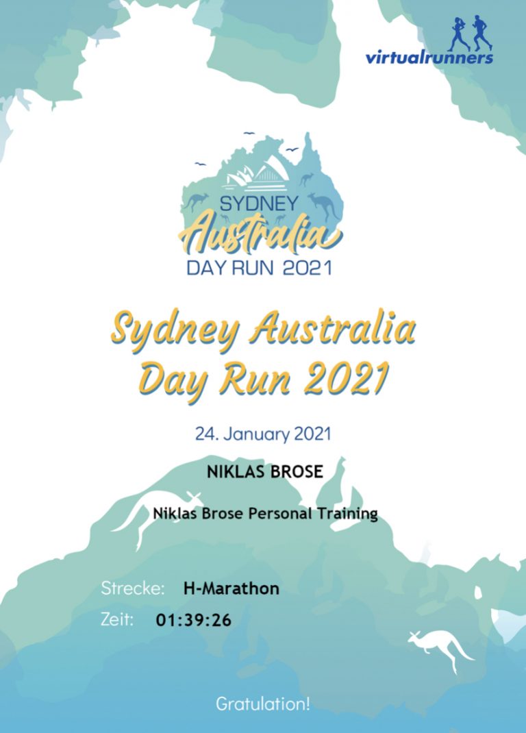 Urkunde Sydney Australia Day Run 2021 - Niklas Brose Personal Training in Dortmund